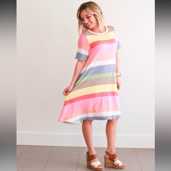 JODIFL Dresses & Skirts - NWT JODIFL Colorful Rainbow Striped Mini Swing Dress